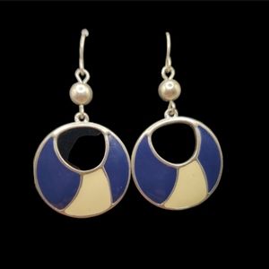 Vintage Dangle Blue and Ivory enamel earrings